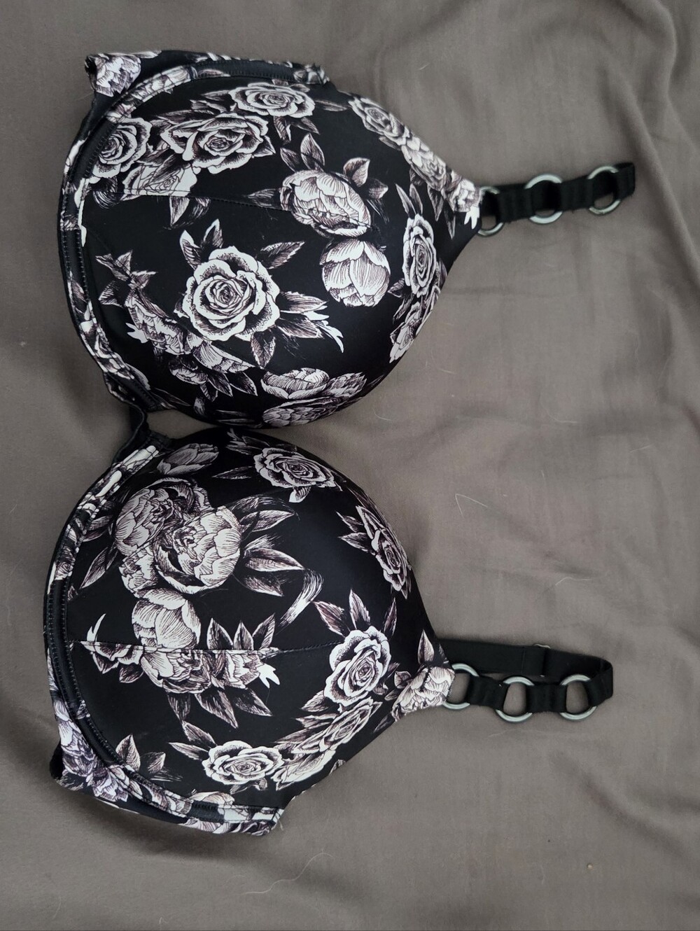 Victoria's Secret Black Floral Push-Up Bra with White Rose Print